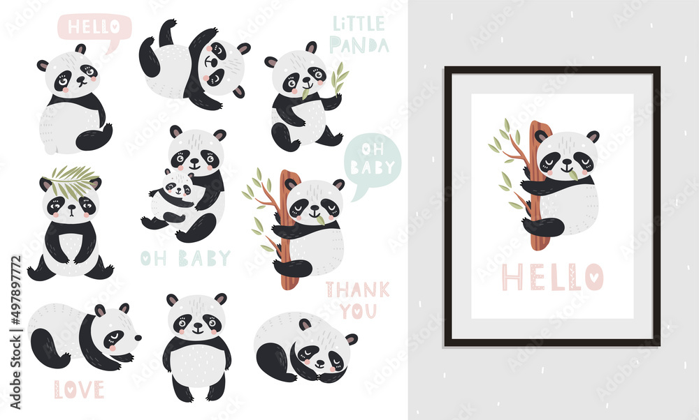 Fototapeta premium Panda set hand drawn style. Vector illustration.