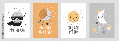 Space Dreams prints, childish hand drawn cards with moon, stars and planets.