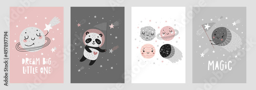 Space Dreams prints, childish hand drawn cards with moon, stars and planets.