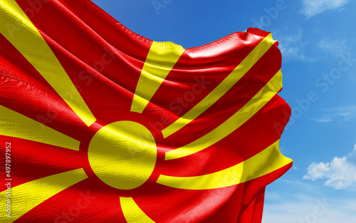 Cuadro en lienzo Macedonian Flag is Waving Against Blue Sky with Clouds