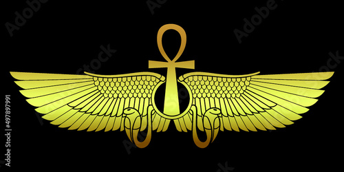 Foto Pharaonic wings and the key to life and the Egyptian Eternal Sun icon logo - vec