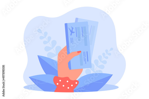 Hand of woman holding two airplane paper tickets. Female passenger with boarding documents to pass security check at airport gate flat vector illustration. Travel, flight, immigration concept