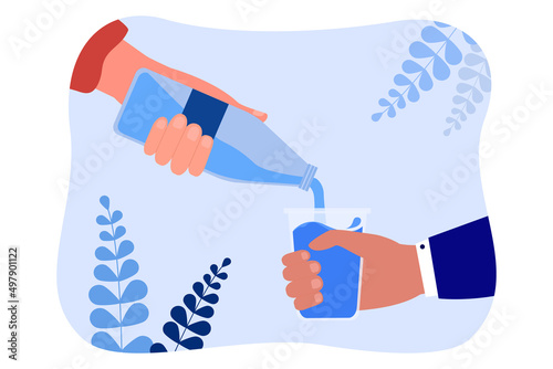 Human hand pouring clear cool water from open bottle into glass. Thirsty person filling cup with fresh cold drink for refreshment flat vector illustration. Health, beauty, natural product concept