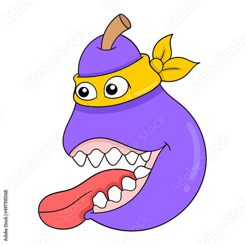 spooky faced purple fruit with a licking tongue, doodle icon image kawaii