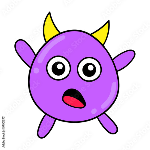 little purple horned monster with a surprised face, doodle icon image kawaii