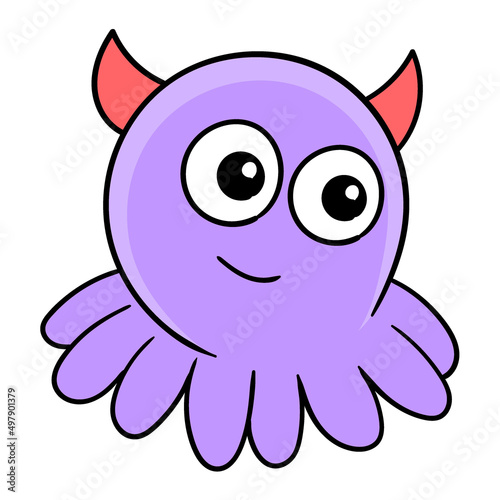 funny faced purple horned octopus, doodle icon image kawaii