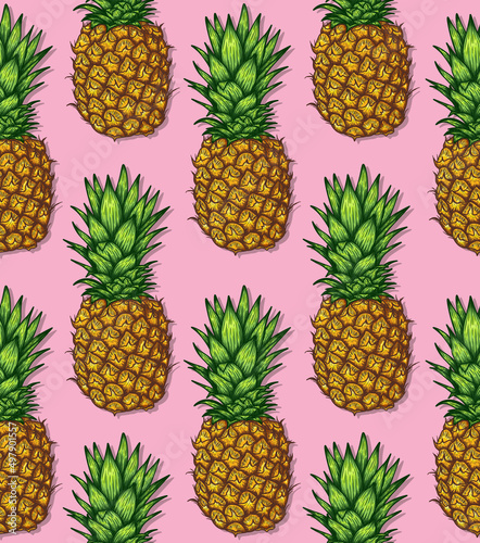 Seamless vector pattern graphic linear pineapple fruit on a pink background in engraving style