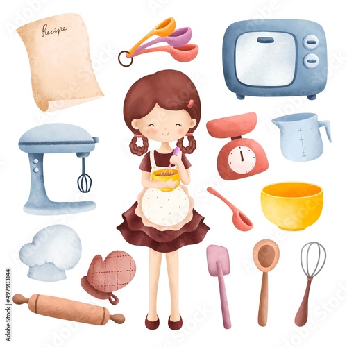 Set of Girl and baking elements