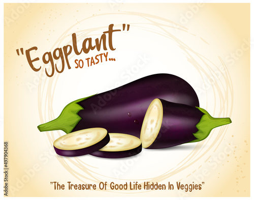 A fresh eggplant vegetable with half chopped eggplant vector illustration 