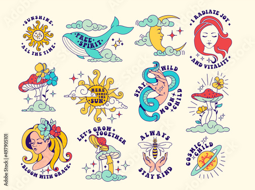 Vintage celestial groovy set of stickers with inspirational quotes. Free spirit slogans with funky retro elements, celestial and floral badges. Graphic prints for tee t shirt or motivation poster.
