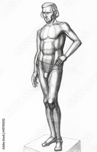 academic drawing - portrait of man standing on podium hand-drawn by graphite pencil on white paper