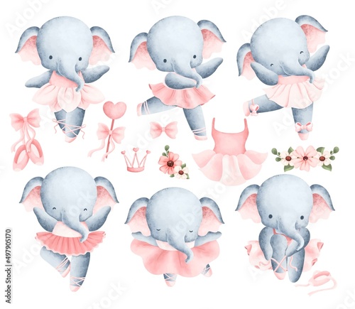 Watercolor Illustration Elephant Ballerina set 