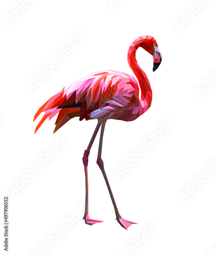 Pink flamingo of polygons isolated on white background. Flamingo bird with folded wings on two long legs ,vector illustration of pink flamingo, many pink shades