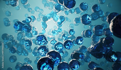 3D render of blue floating nano particles technology