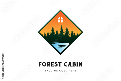 Square House with Pine Cedar Conifer Evergreen Fir Cypress Larch Trees Forest and River Creek for Cabin Chalet Cottage Camp Logo Design Vector