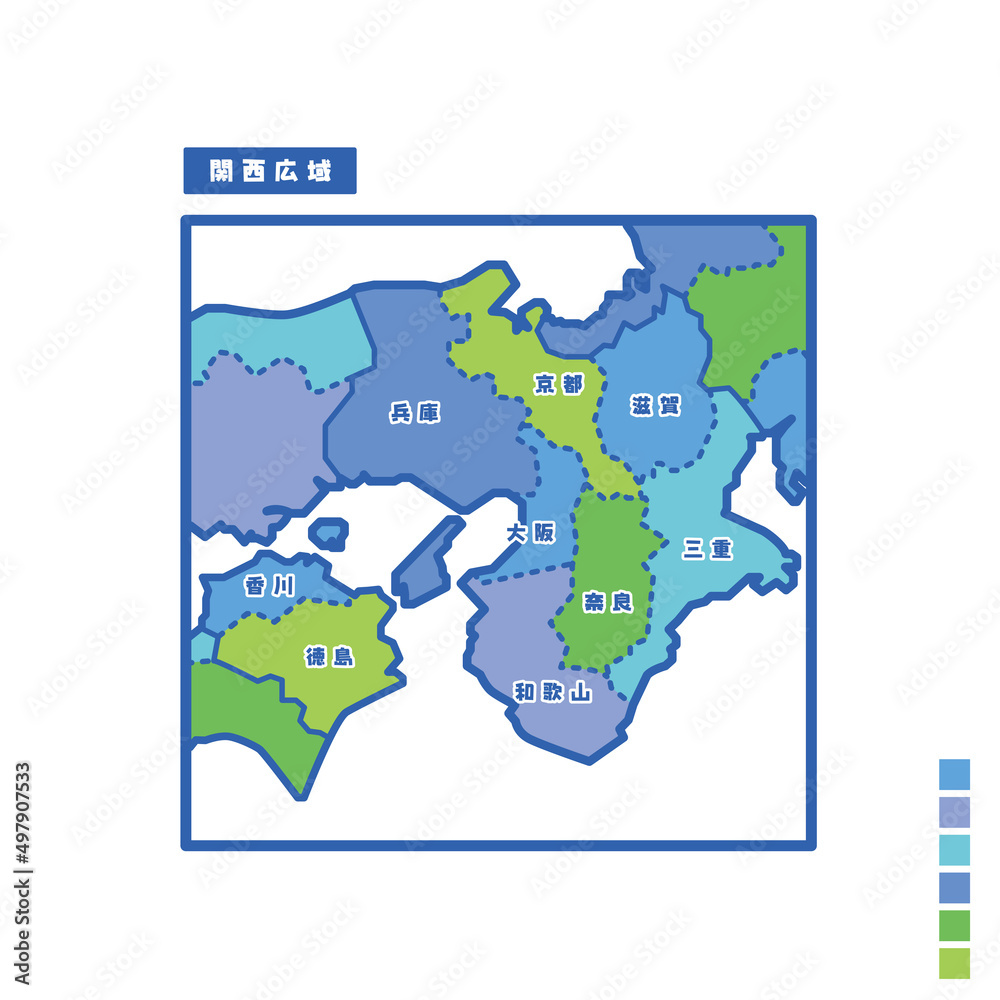 日本の地域図・日本地図 関西広域 雨の日カラーで色分けしてみた