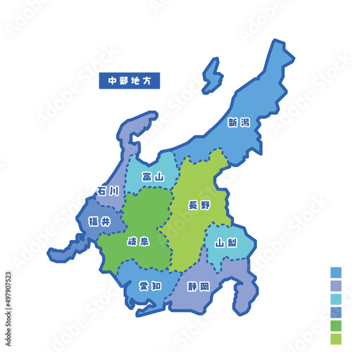 日本の地域図・日本地図 中部地方 雨の日カラーで色分けしてみた