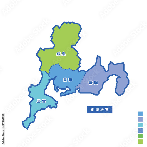日本の地域図・日本地図 東海地方 雨の日カラーで色分けしてみた