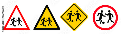 Caution no football or ball activity zone sign. Stop, do not play game. Vector sports pictogram or symbol. Cartoon soccer playing team. Sport, balls games area icon or logo. Playground. Playing kids.