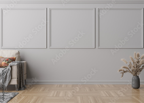 Fototapeta Naklejka Na Ścianę i Meble -  Room with parquet floor, grey wall with moldings and empty space. Sofa, vase, pampas grass. Mock up interior. Free, copy space for your furniture, picture, decoration and other objects. 3D rendering.