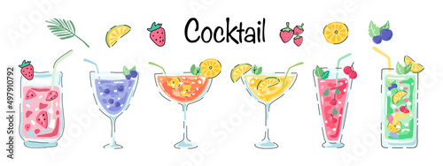 Vector cocktail set on a white background Designed in doodle style for decorating summer themes, bars, kitchens, clothes, paper and more.
