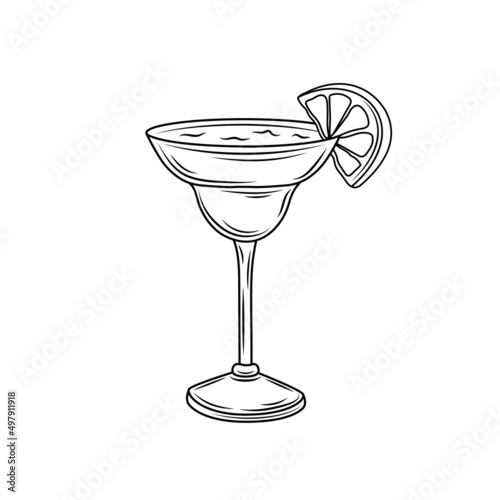 Hand-sketched Margarita cocktail illustration. Vector sketch of alcoholic drink in an elegant glass. A classic cocktail with tequila, orange liqueur, lime juice, salt hand-drawing isolated on white