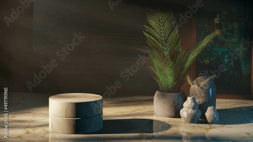 3D rendering of a display pedestal in an inviting home gallery with lush green plants
