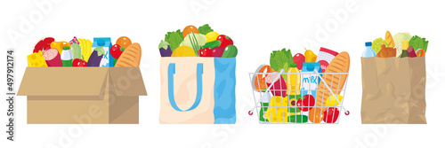 Set of shopping bags, basket, cardboard box with food. Grocery products packed for delivery. Everyday meal. Vector illustartion, cartoon. Icon, simbol, object, sign, sticker. Isilated on white