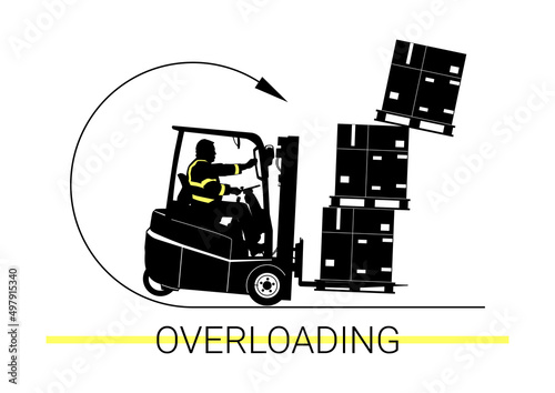 Forklift load hazard. Silhouette of an overloaded forklift. Vector.