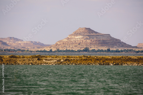 Panoramic View to the Salt Lake Aftanas with the Mountains in the background near Siwa Oasis in Matrouh Governorate, Egypt