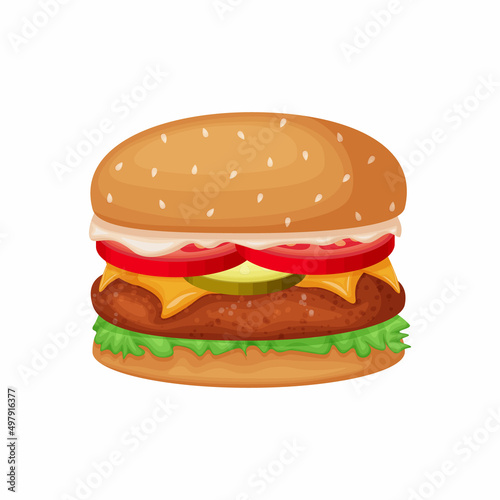 Hamburger. A large hamburger with a cutlet  tomatoes  cucumbers and cheese. Big Mac. Fast food  vector illustration isolated on a white background