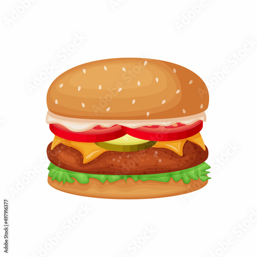 Hamburger. A large hamburger with a cutlet, tomatoes, cucumbers and cheese. Big Mac. Fast food, vector illustration isolated on a white background