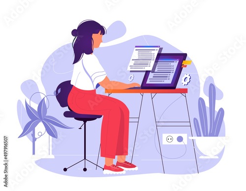Coder at computer screen with program code. Woman working with big data and tech information on laptop. Software developer work with script. Woman programmer at PC concept vector isolated illustration