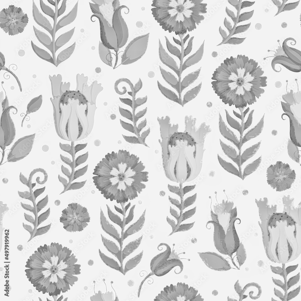 Floral ornament, monochrome background. Seamless pattern for postcard, packaging, wrapping, scrapbooking, wallpaper, design, decoration. Raster illustration. Floral ornament, monochrome background. Seamless pattern for postcard, packaging, wrapping, scrapbooking, wallpaper, design, decoration. Raster illustration.