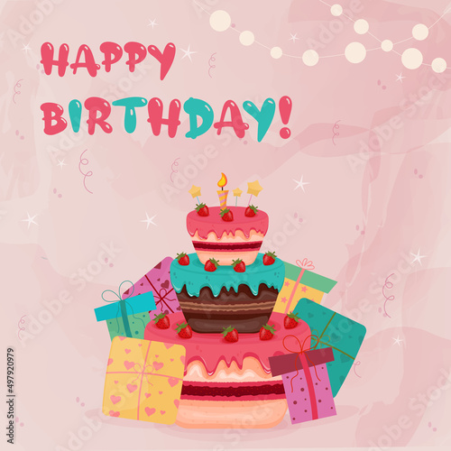 Vector happy birthday postcard with a strawberry cake and presents. Watercolour pink background. 