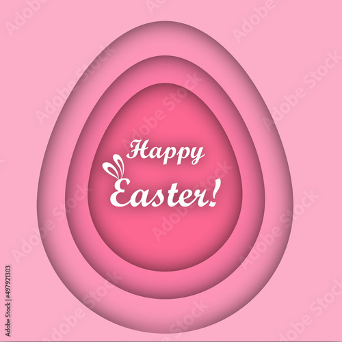  Vector illustration "Happy Easter" with paper cut pink eggs; The Holiday postcard for spring holidays with bunny ears