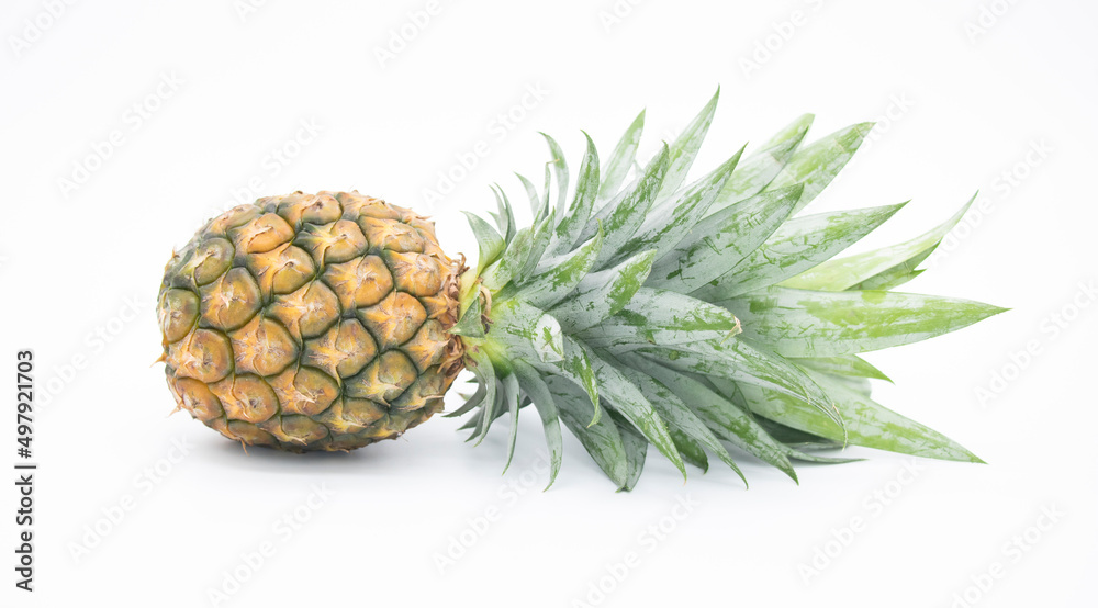 whole pineapple with leaves isolated on white background, Flat lay. whole pineapple with leaves isolated on white background, Flat lay.