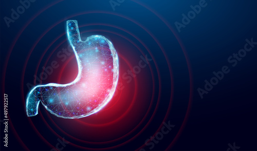 Human stomach pain. Wireframe low poly style. Concept for medical, pharmacology treatment of the digestive system. Abstract modern 3d vector illustration on dark blue background