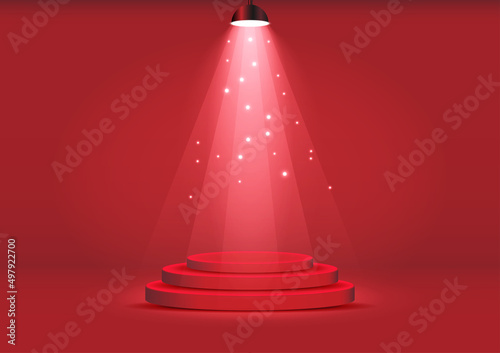 podium with spotlight for show with red wall background vector illustration