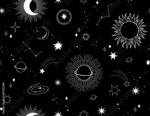 Modern hand drawn vector seamless pattern of planet, star, sun, comet. Universe line drawings. Solar system and Cosmos background. Trendy space signs with magic motifs, constellation, moon phases