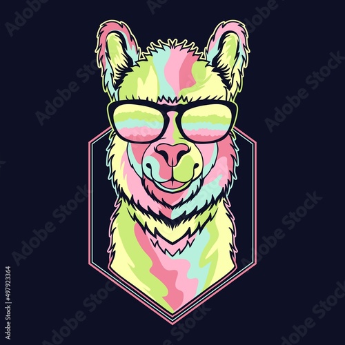 Llama funny colorful wearing a eyeglasses vector illustration