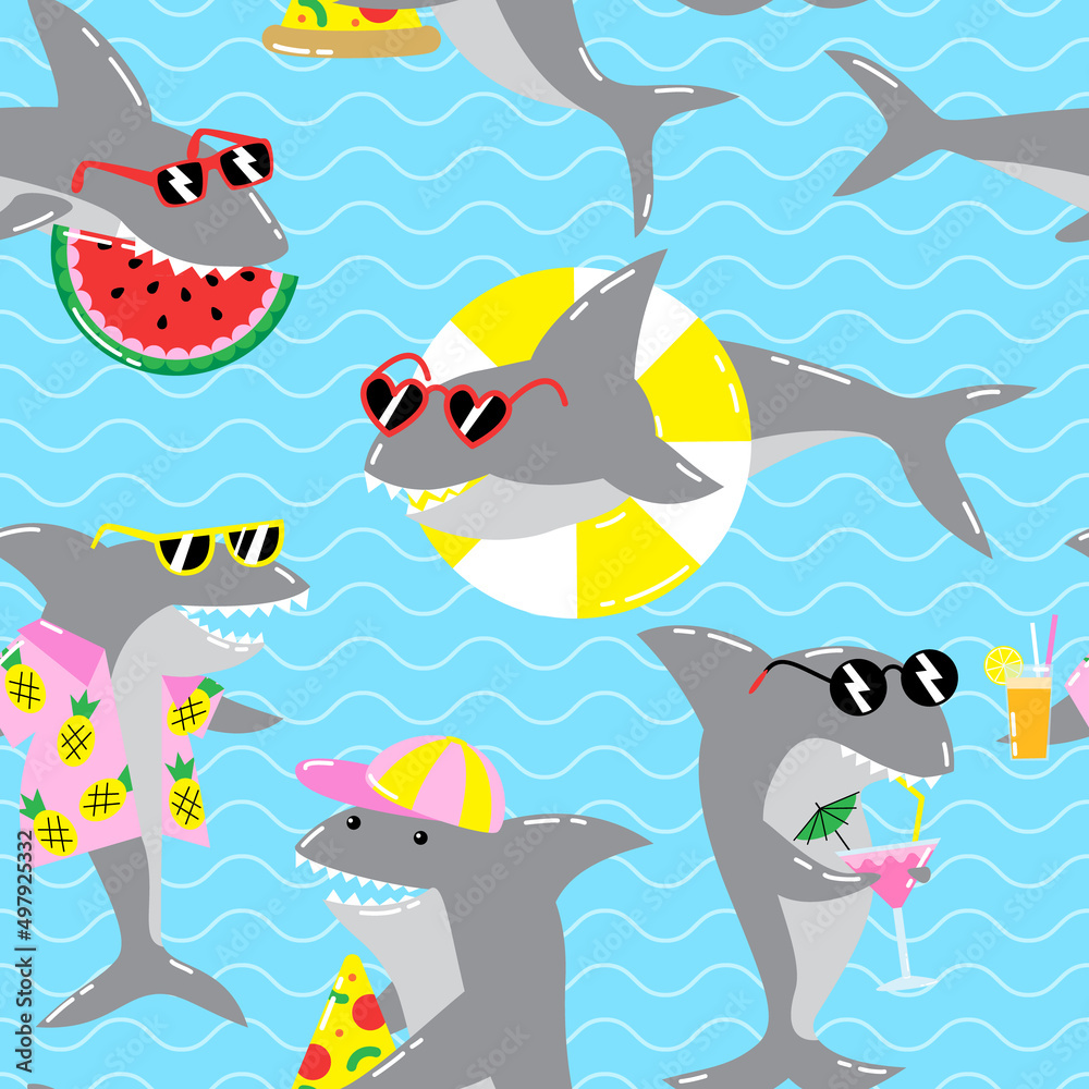 Seamless pattern with cool sharks in sunglasses Seamless pattern with cool sharks in sunglasses