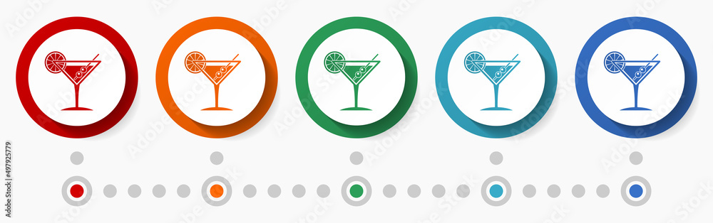 Drink, alcohol concept vector icon set, infographic template, flat design colorful web buttons in 5 color options - obrazy, fototapety, plakaty 
