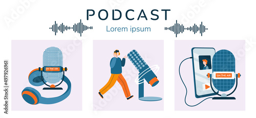 Podcast concept set. Illustrations for the design of podcast broadcasts. Studio microphone on a stand, headphones, soundtrack, podcaster in headphones, smartphone. Flat vector in trendy style