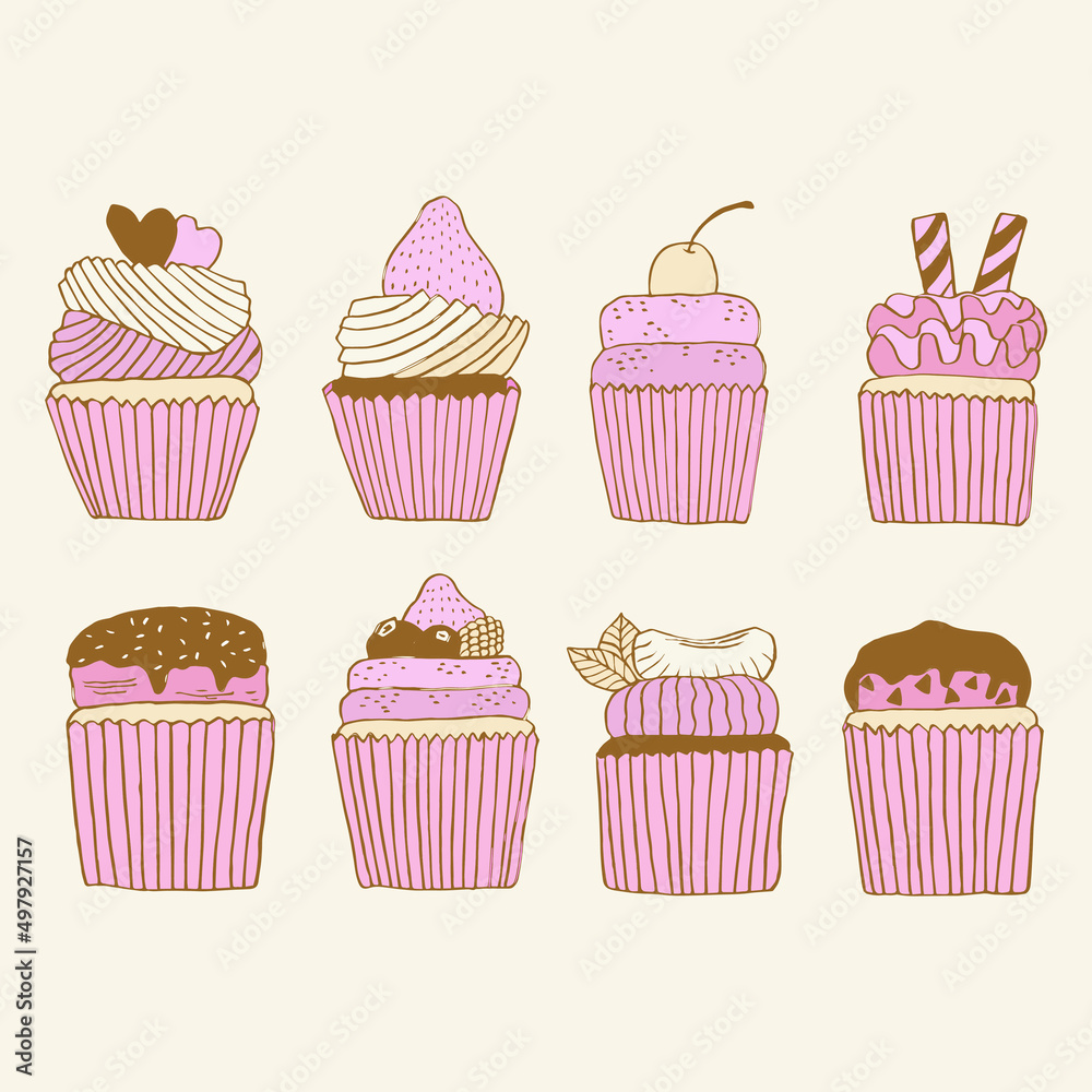 Hand drawn vector illustration of sweet pink cupcake collection in doodle art style Hand drawn vector illustration of sweet pink cupcake collection in doodle art style