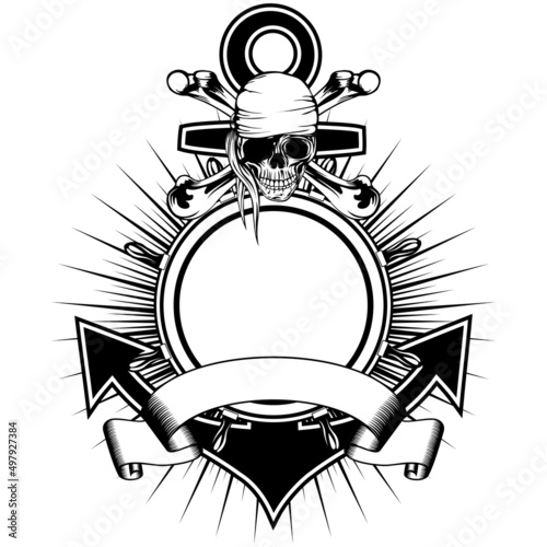Vector illustration anchor and steering wheel frame and piracy sing skull with crossed bones