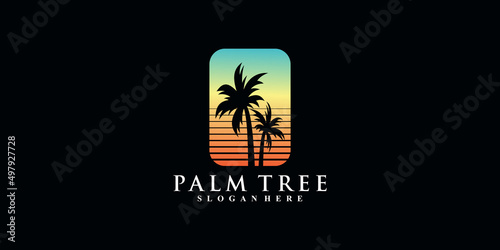 Beach logo design with palm tree and gradient style color Premium Vector