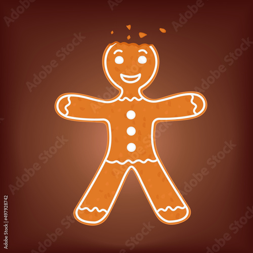 Cartoon gingerbread man with bite missing on head. Funny Christmas cookie vector illustration.