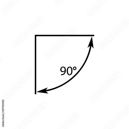 90 degrees angle vector icon. Right angle symbol with arrow. Isolated illustration on white background. 