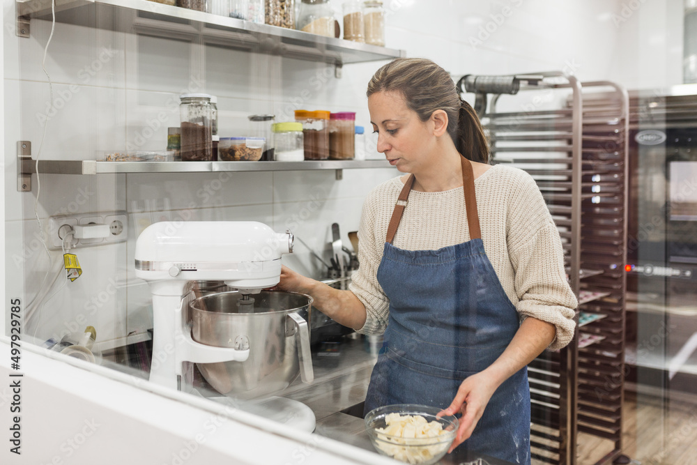 Female pastry chef using an electric mixer while preparing dough to cook in the kitchen. Female pastry chef using an electric mixer while preparing dough to cook in the kitchen.